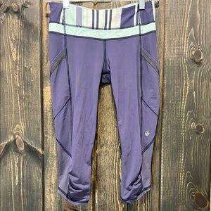 Lululemon Run A Marathon Crop II Leggings 4‎ Blue Groovy Stripe Aquamarine Gym